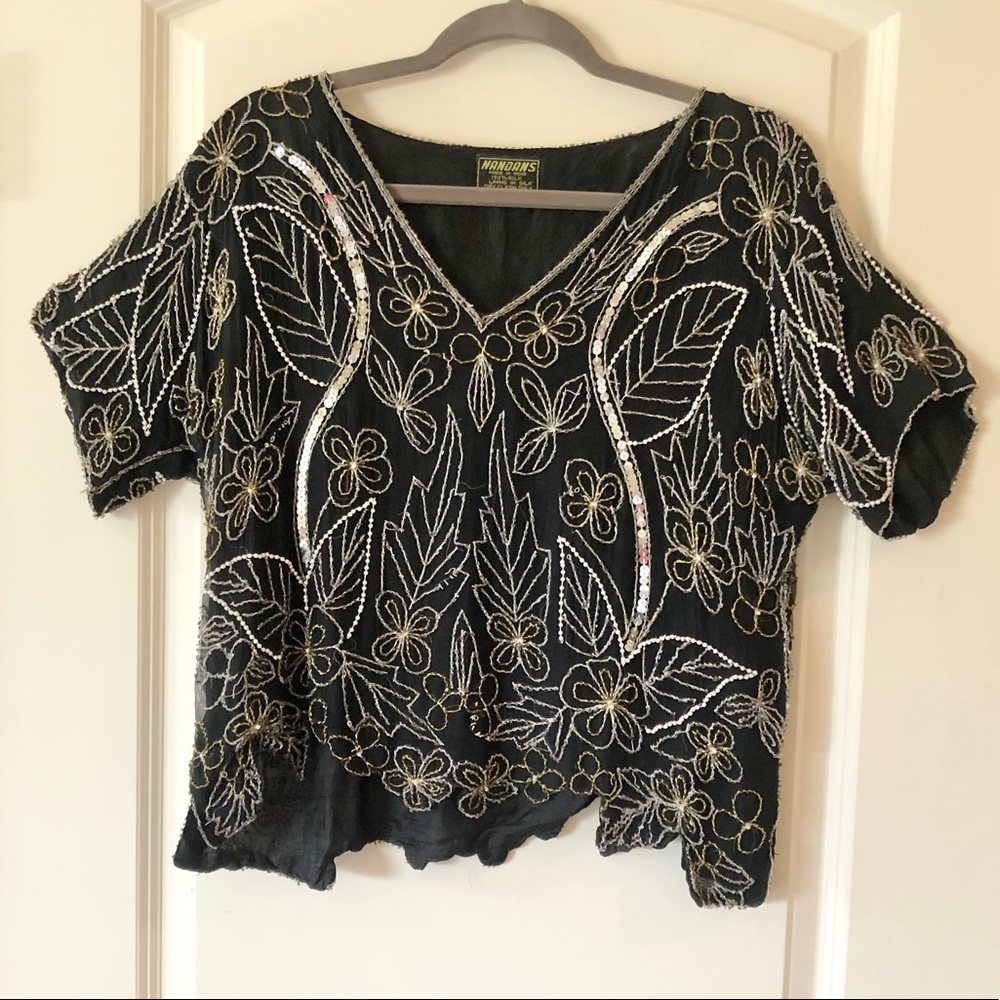 Stunning Vintage Nandans Black Beaded Short Sleeve V-Neck Silk Blouse